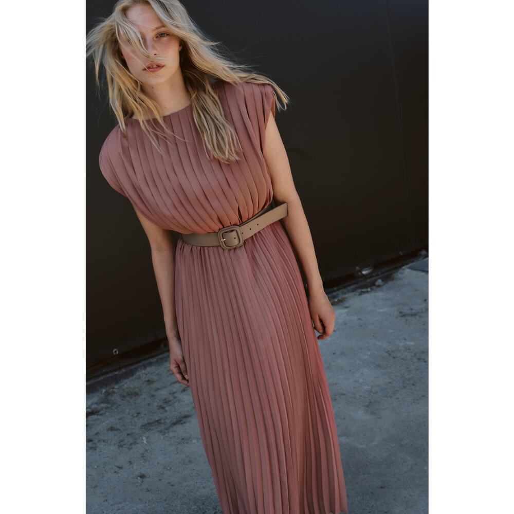 ZARA Rose Pink Marsala Pleated Midi Belted Dress Size Large NWT